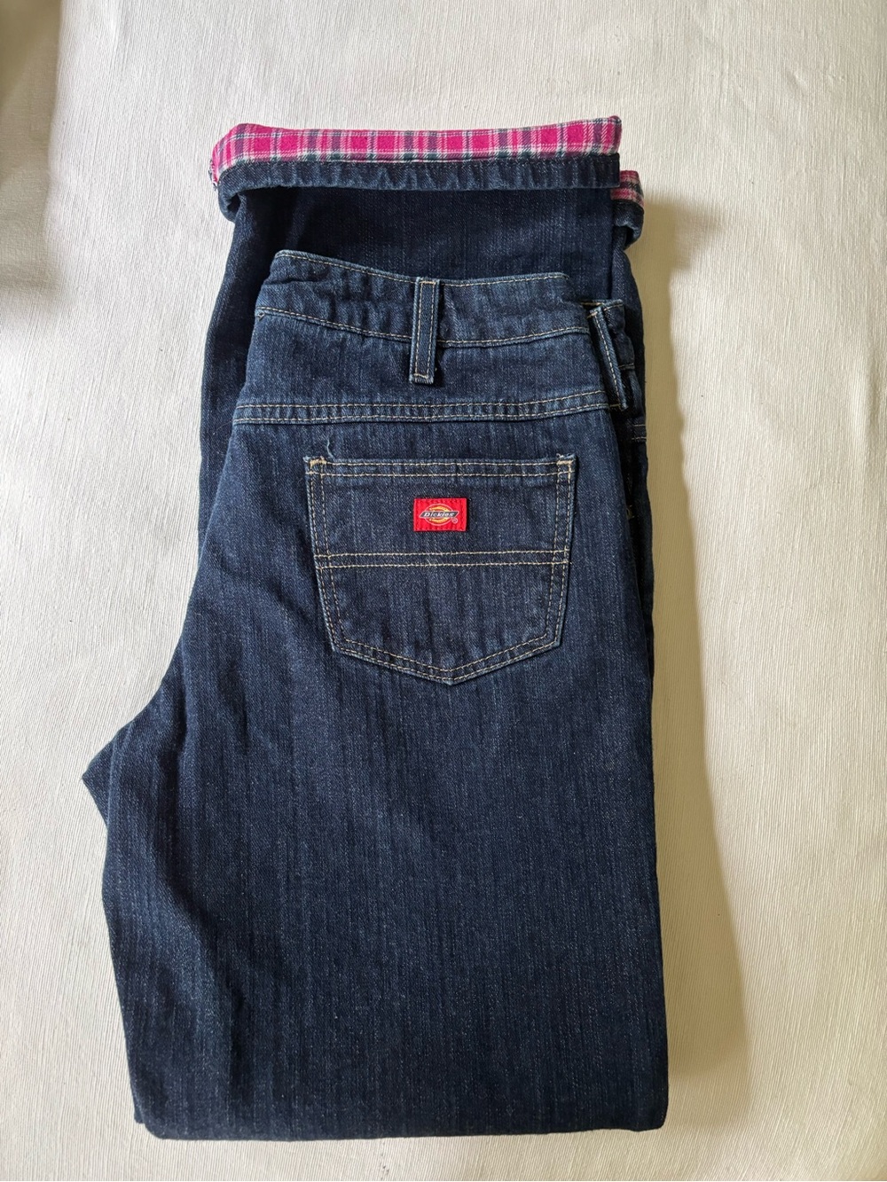 Dickies Tradition Navy Denim Jeans with Pink Plaid Lining.